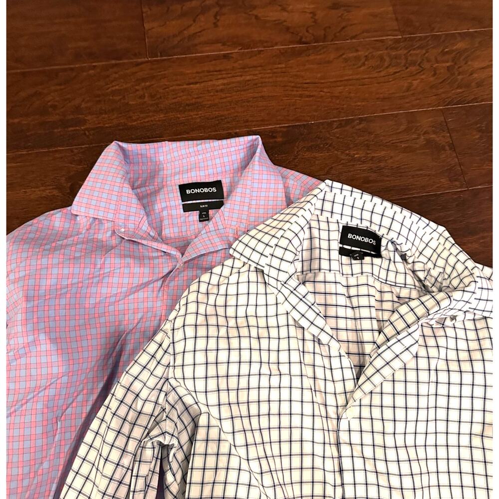 BONOBOS Button Down Shirt Lot 2 Mens SLIM Fit LARGE LONG Plaid Blue White Pink
